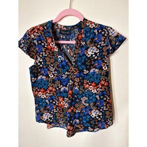 NWT Premise Womens XS Floral Print Short-Sleeve Blouse In Black/Blue/Orange/Gold